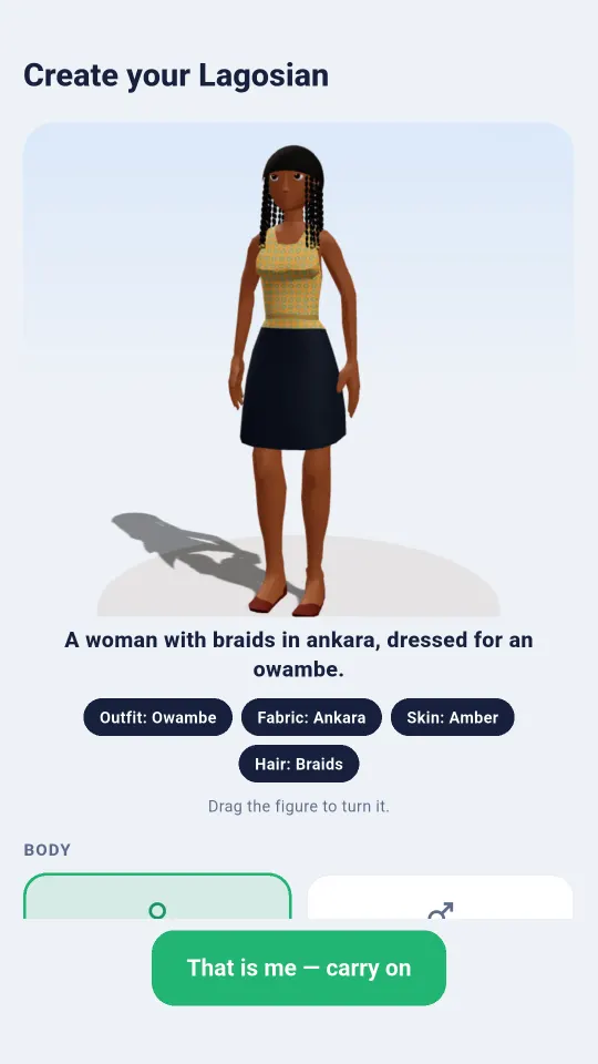 Character creator: a woman with braids in an Ankara owambe outfit