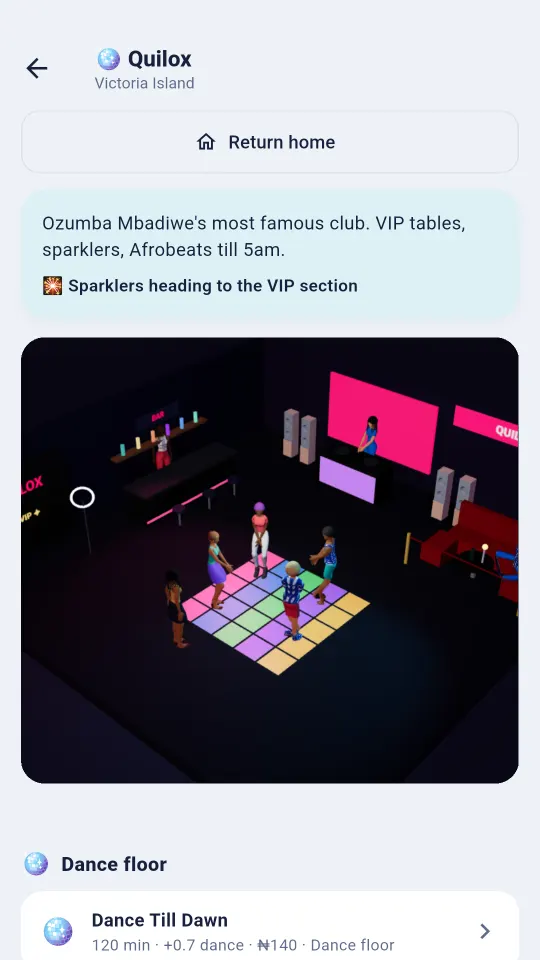 The Quilox nightclub in Victoria Island with dancers on a lit dance floor