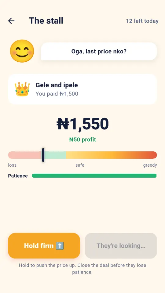 Haggling minigame at a market stall: 'Oga, last price nko?' for gele and ipele at ₦1,550